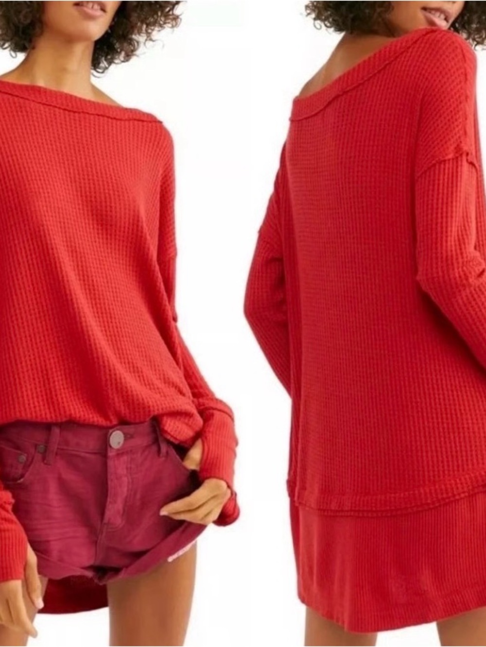 We The Free Red Waffle Knit Tunic Top Oversized Thumbhole Boho Fall Comfy M